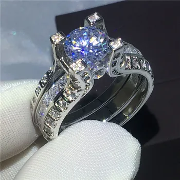 Choucong Najvyššej kvality 3ct AAAAA zirkón Crystal prsteň Biele zlato naplnené 2-v-1 Zapojenie Svadobné Kapela Krúžky, sada Pre Ženy Muži