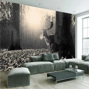 Foto tapety Moderné písanie čierna biela elk lesa nástenná maľba vlastný bar, obývacia izba TV tapetu pozadia
