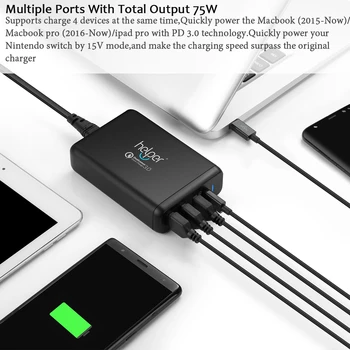 Multi Port USB Sieťovej Nabíjačky 75W 4 Porty & Rýchle Nabíjanie 3.0 Desktop Nabíjačka Nabíjacej Stanice s SmartIC Tech, USB Typ-C