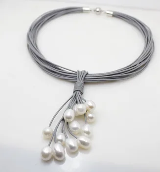 01 - 12 mm rel blanc perle d ' eau douce pendentif collier sk cuir cordon Magnet fermoir bijoux de režim