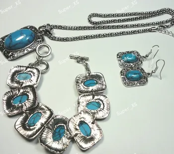 1 Set-Top Antique Silver Modrý Kameň, Náramok, Náušnice, Náhrdelník 3 v 1 Šperky Veľa Veľkoobchod Šperky Set Doprava Zadarmo LR287