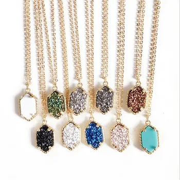 10 farieb Drusy Hexagon Prívesok Náhrdelník druzy módne náhrdelníky zlatá farba roztomilý značky šperky Pre ženy, dámy dievča, KS 03