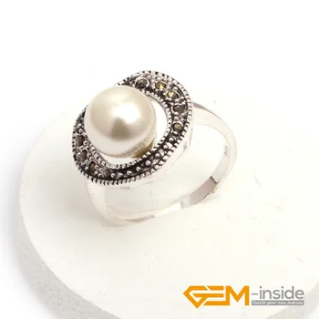 10 mm kolo bielou shell perlou korálky z tibetského striebra marcasite srdce base krúžok poslať náhodným klasické šperky na párty darček