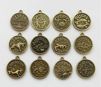 10 súpravy (120pcs) Najrôznejších Antiqued bronz Zverokruhu charms dvanásť súhvezdí Kovový prívesok znamenie veľkoobchod