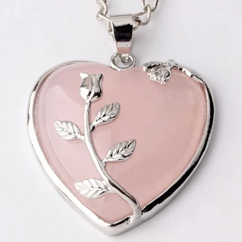 100-Jedinečný 1 Ks Strieborné Pozlátené Prírodné Rose Ružový Kremeň Krásne Srdce Vložkou Leaf Prívesok Módne Šperky