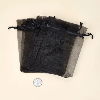 100ks Organza Tašky, Obdĺžnik, Čierna, o 10 cm široké, 15 cm dlhá