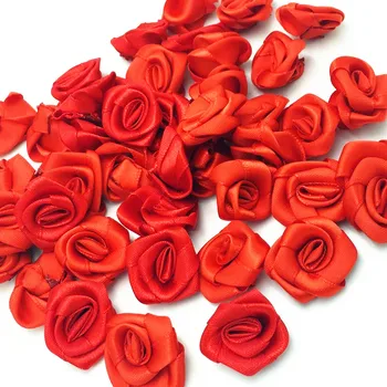 100ks/veľa Hot Predaj červenej Farby 15 mm Ručné DIY Svadobné Domáce Dekorácie Saténová Stuha Ruže Kvet