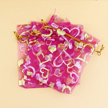 100ks Veľkoobchod Hot Pink Drawable Zlaté Srdce Organza Tašky 11x16cm Svadobný Dar, Tašky, Šperky, Tašky Candy Tašky