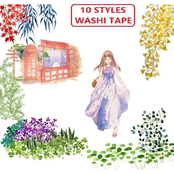 10Designs Kvety/Stromy/Trávy/Ginko Listy Vzor Japonský Washi Dekoratívne Samolepiace DIY Maskovanie papierovú Pásku Label Nálepka darček