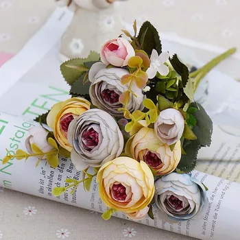 10heads/1 zväzok Hodváb čaj ruže kytice Nevesty na Vianoce domov svadobné nový Rok dekorácie falošné rastliny, umelé kvety