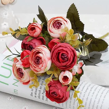 10heads/1 zväzok Hodváb čaj ruže kytice Nevesty na Vianoce domov svadobné nový Rok dekorácie falošné rastliny, umelé kvety