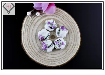 10pcs Kvet Ručne Tlačené Porcelánové, Keramické Korálky 15 mm Pre DIY Šperky Výrobu Ploché Fialový Kvet Otvor: 3 mm