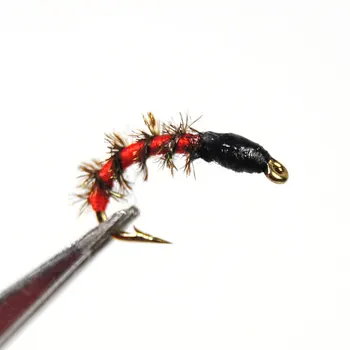 [10PCS] Páva Herl Rebra Červená Modrá Víla Midge Larva Fly Rybárske Návnady, Nástrahy Plošinu Háčiky #10 #12 #14