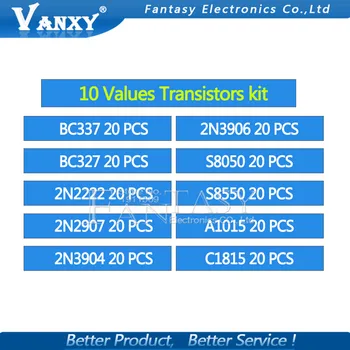 10value 200PCS BC337 BC327 2N2222 2N2907 2N3904 2N3906 S8050 S8550 A1015 C1815 Tranzistor Sortiment Auta Tranzistory Box Balenie