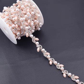 10yards/veľa krásna svadobné šaty pás appliques pink Pearl Roseg zlato Drahokamu výbava Ručné odev DIY Príslušenstvo HF-410
