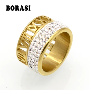 12 mm Šírka 3 Riadok Crystal Prstene Pre Ženy anel Módne Duté Z Rímske Číslo Šperky Značky Zlatá Farba Nehrdzavejúcej Ocele Krúžok