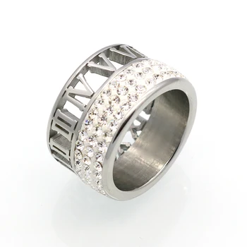 12 mm Šírka 3 Riadok Crystal Prstene Pre Ženy anel Módne Duté Z Rímske Číslo Šperky Značky Zlatá Farba Nehrdzavejúcej Ocele Krúžok