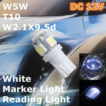 12V LED Bielej Farby Auto, Žiarovky Lampy T10(5*5050 SMD)W5W W2.1X9.5d pre Signál Top Čítanie Šírka Svetlo