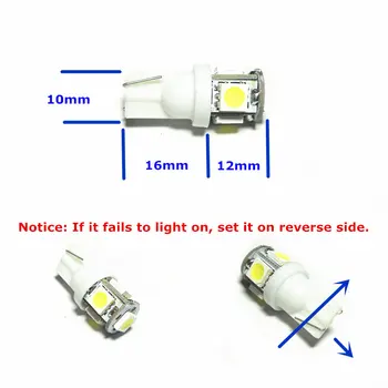 12V LED Bielej Farby Auto, Žiarovky Lampy T10(5*5050 SMD)W5W W2.1X9.5d pre Signál Top Čítanie Šírka Svetlo