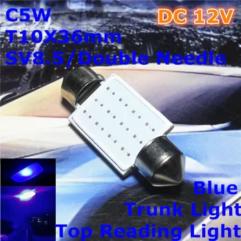 12V LED Modrá Farba Auto Dvojitej Ihly, Žiarovky Lampy(COB Osvetlenie Námestie) C5W 36 mm Pre Top Čítanie Kmeň Svetla