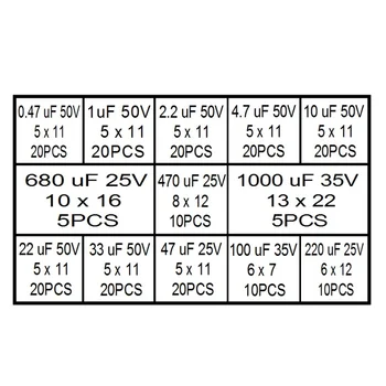 13 Hodnoty 200pcs 0.47 uF~1000uF 25V 35V 50 Elektrolytické Kondenzátory Sortiment Kit Set