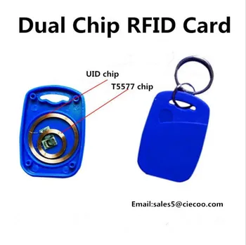15 ks/veľa Dual Frekvencia Čipu RFID 13.56 Mhz 1K UID a T5577 125 kHz-ID tag key Čitateľné Zapisovať Prepísať modrým príveskom značky