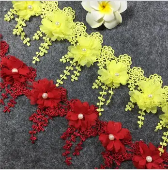 15Yards Biela Červená Ružová Modrá Žltá 3D Šifón Ružovej Čipky Textílie Kvet Pearl Svadobné Fringe Čipkou Trim DIY Plavidlá