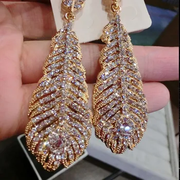 16 Módne prehnané zlato/striebro pierko crystal drop náušnice pre ženy dlho leafs náušnice svadobné šperky, šaty, doplnky