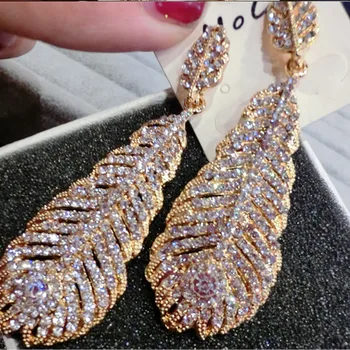 16 Módne prehnané zlato/striebro pierko crystal drop náušnice pre ženy dlho leafs náušnice svadobné šperky, šaty, doplnky