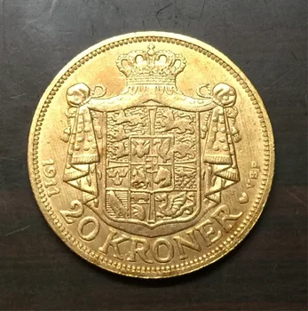 1911 Dánsko 20 Kroner 22K pozlátená Kópia mince ( Typ 2)