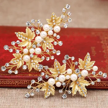 1pair pearl zlaté lístie hairclip kórejský nevesta vlasy zlaté šperky crystal pearl nádherné barrettes nevesta headdress veľkoobchod