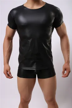 1PCS Faux Kožené T-Shirts v Pohode Mužov Noc Tesné Tričká Sexy Kožené Slim Tričko pánske Sexy