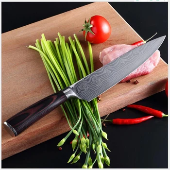1Pcs kuchár nôž 8 palcový vysoko uhlíkovej nerezový kuchynský nôž laser Damasku žily high-grade vynikajúci ostré kuchynské náradie