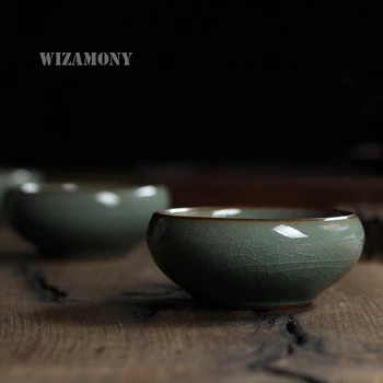1PCS!WIZAMONY Čínsky Longquan Celadon Porcelánu Drinkware Teacup Čajové Misky 60ml Praskanie Glazúra Zlatá Ryba Tanier, Kng-Fu Teaset