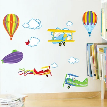 2 ks Cartoon Samolepky na Stenu Lietadlo teplovzdušné Balóny Pre Deti, Detské Izby Dekor Vymeniteľné Vinyl Škôlky Deti Miestnosti Stenu