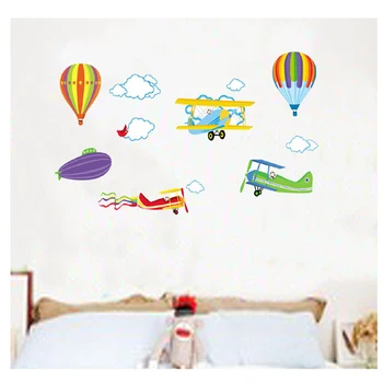 2 ks Cartoon Samolepky na Stenu Lietadlo teplovzdušné Balóny Pre Deti, Detské Izby Dekor Vymeniteľné Vinyl Škôlky Deti Miestnosti Stenu