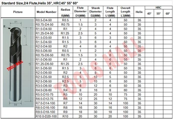 2 ks Polomerom 1,5 mm HRC60 2 flauta Loptu Nos Karbidu Konci Mlyn CNC Router Bit R1.5*6*D6*50-2F-HRC60