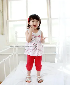 2016 Deti Letné Oblečenie Baby Dievčatá Sady Letných Red Dot Stratifikované Kravatu Tričko bez rukávov T A Červené Nohavice Deti Oblečenie Oblek