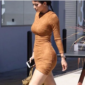 2016 Dlhý Rukáv Slim Strany Sexy Šaty Club Hnedé Vestido Ženy Jarné Šaty Kylie Jenner Kožu Napäté Faux Suede Bodycon Šaty
