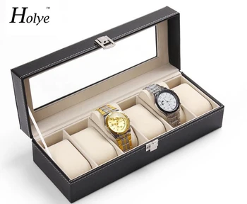 2016 Dobrú spätnú Väzbu Kvality Náramkové hodinky Zobrazenie Skladovanie Organizátor Box Nádoba 6 Bunky Kože Oknami Prípade, watch box hot predaj