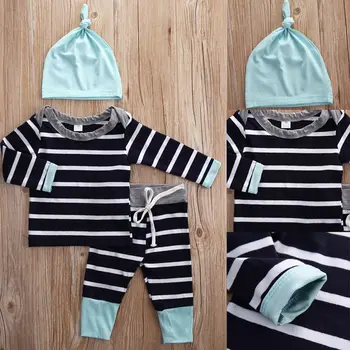 2016 Jar a na Jeseň baby chlapci oblečenie bežné 3ks (Hat + T-tričko, nohavice) Pruhované voľný čas baby chlapci Oblečenie sady