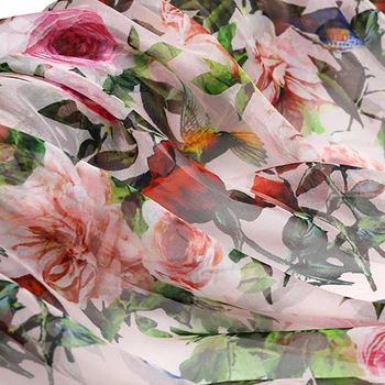 2016 letné kvety a vtáky moruša hodváb prírodné šifón tlač textílie pre šaty svetlé tkaniny tissu au meter fashion, DIY