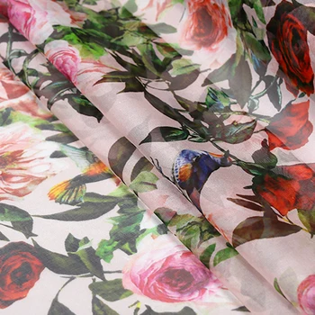 2016 letné kvety a vtáky moruša hodváb prírodné šifón tlač textílie pre šaty svetlé tkaniny tissu au meter fashion, DIY