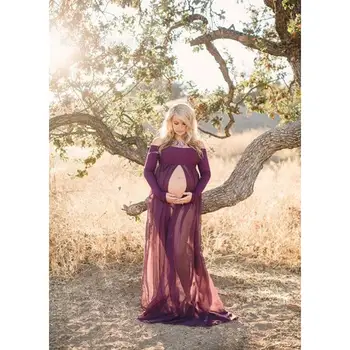 2016 Módne Materstva, tehotenstva fotenie Dlhé Biele Šaty Purple Veľká Veľkosť Maxi Dlhým rukávom Šifón šaty