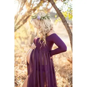 2016 Módne Materstva, tehotenstva fotenie Dlhé Biele Šaty Purple Veľká Veľkosť Maxi Dlhým rukávom Šifón šaty