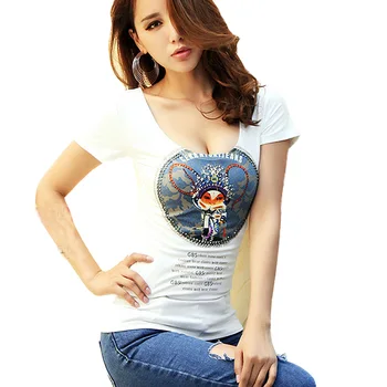 2016 Nové letné topy ženy lištovanie t-shirts o-krku krátky rukáv sexy štíhla t shirt ženy Peking opera tlač tees camisetas mujer