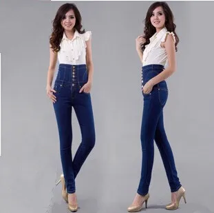 2016 nové značky dámske jar jeseň plus veľkosť vysoký pás denim džínsy ženy vintga Single-breasted & Double-breasted džínsy S-6XL