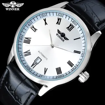 2016 VÍŤAZ populárnej značky mužov jednoduché automatické samostatne vietor hodinky Rímske číslice dial transparentné sklo auto dátum kožený pás