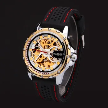 2016 Víťaz značkových hodiniek mužov športovej módy kostra náramkové hodinky automatické mechanické hodinky gumy popruh relogio masculino