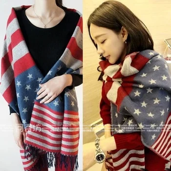2016 Zimné Zahusťovanie Americkej vlajky faux vlnené hviezdy Ženy Muži šatku cape dvojakým použitím ultra dlhý šál Šatky